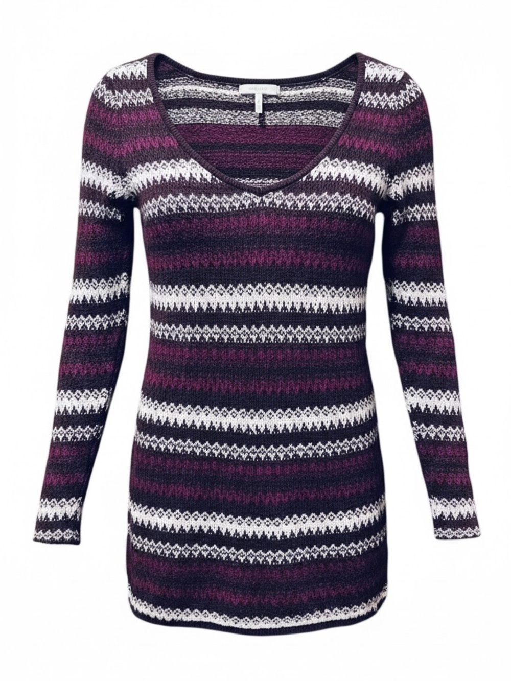 Free People Stripe Knit Sweater Dress Tunic Boho V-Neck Chevron Size L